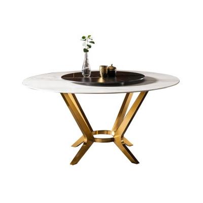 China Popular Design Customized Luxury Style Marble Round Lid Stainless Steel Frame Kitchen Table With Center Revolving Marble Top Dinner Table for sale