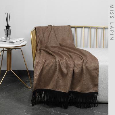 China Modern Jacquard Brown Texture Fabric Decorative Blanket Fringed Tassels Sofa Luxury Throw Blanket for sale