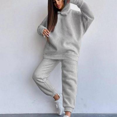 China Tengcai Sweatshirt Fleece Breathable Loose Off-Shoulder Hoodie Trouser Pants Women's Fitness 2 Piece Suit Cotton Wadding for sale