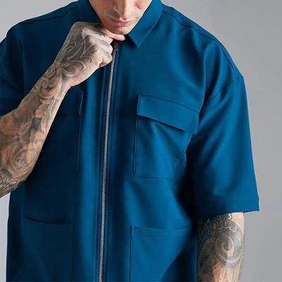 China Custom Unisex Zipper Up Double Work Shirt Pocket Zipper Shirt For Men's Zipper Up Collar Shirt for sale