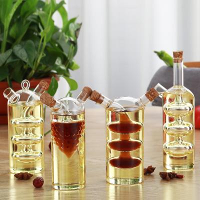 China Viable Custom 2-in-1 Hand Blown Glass Oil and Bottle Vinegar Dispenser Condiment Set with Cork Stoppers Kitchen Storage Ingredient Storage for sale