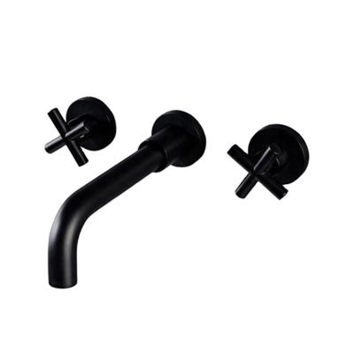 China Metered Faucets Wall Mounted 3 Holes Black Color Bathroom Wash Basin Cross Handle Mixer Faucet for sale