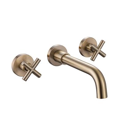 China New Faucets Metered Copper Brushed Gold Brushed Dark Black Wall Mounted Basin Faucet Bathroom Three-hole Hot And Cold Water Faucet for sale