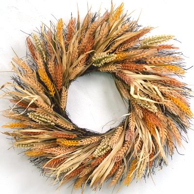 China Idyllic Style Autumn Harvest Idyllic Style Golden Wheat Autumn Wreath Circle Front Door Decoration Orange Red 22 inch for sale