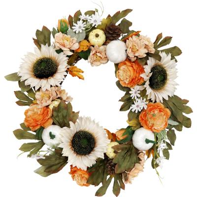 China Idyllic Style Autumn Wreath Harvest Thanksgiving Wreath of Idyllic Style DIY Autumn Harvest Wreath For Front Door Decoration Artificial Flower Pumpkins Maple Leaf Sunflower Wreath for sale