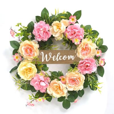 China Wholesale Western Style Artificial Flower Wreath Peony Flower Garland With Welcome Letter for sale