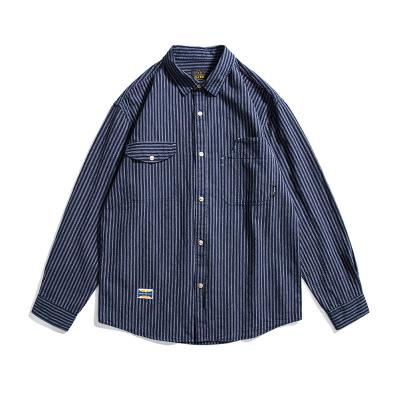 China Custom Made Comfortable Navy Men's Casual Shirts Anti-Pilling Long Sleeve Button Striped Mens Shirts With Two Pockets for sale