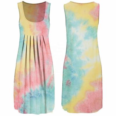 China Unique set of loose sleeveless dress round neck anti-static women's printing dyed tying stretch cool women's fashion casual dress for sale