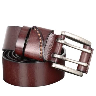 China Cow Hide Men's Double Pin Buckle Belt Genuine Cow Leather Belt Pin Buckles Top-grain Leather Belt for sale