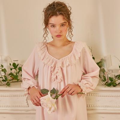 China Loose Version Summer Night Dress Retro Style Long Sleeve Nightgown Women Princess Nighty Lace Cotton Homewear For Home Wear for sale