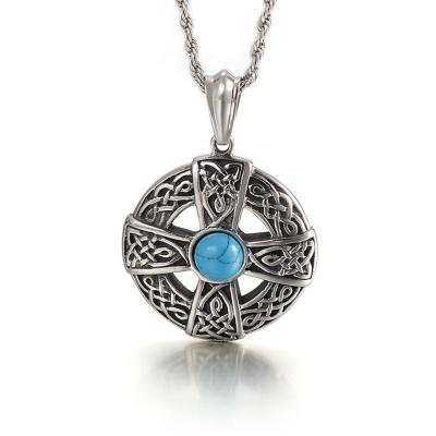 China 2022 Vintage Mens Necklace Natural Blue Turquoise Pendant Necklace Northern Viking Celtic Knot Cross Pendant for sale