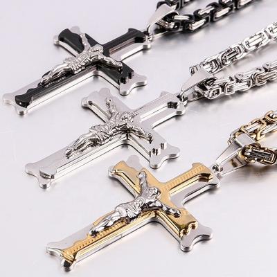 China FASHIONABLE Religious Gothic Jesus Cross Necklace Byzantine Chain Mens 3 Layer Stainless Steel Necklace for sale