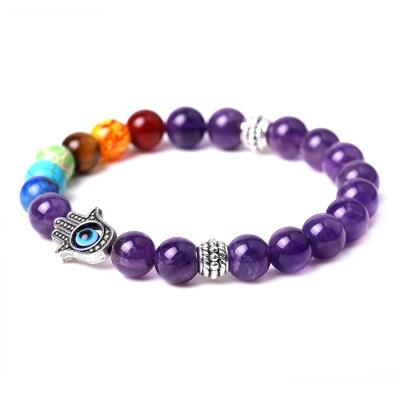 China Colorful Fatima Hand Bracelet Hot Sale 8MM Chakra Energy Bracelet Fashionable Natural Stone Beaded Bracelet for sale