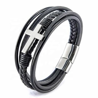 China FASHIONABLE Multi Layer Leather Men's Stainless Steel Christian Cross Bracelet Pulsera Schmuck Sale for sale