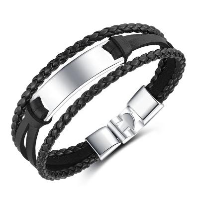 China FASHIONABLE MEN'S Three Layer Wrap Leather Bracelet Stainless Steel Bar Custom Engraved Leather Bracelet for sale