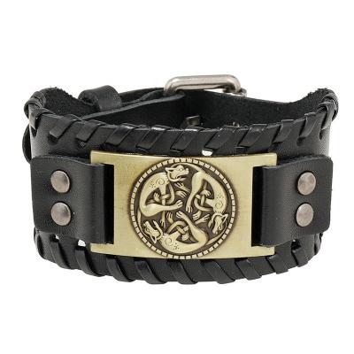 China Vintage Personalized Viking Lion Bracelet North Handmade Viking Leather Bracelet Bangle Men's Wide Leather for sale