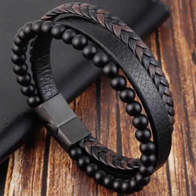 China TRENDY Natural Volcanic Stone Bracelet Black Beaded Bracelet Stainless Steel Leather Bracelet Men for sale