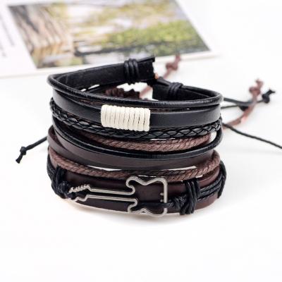 China FASHIONABLE Hot Selling Multi Layer Leather Bracelet Mens Leather Rope Bracelet Hollow Braided Guitar Bracelet for sale