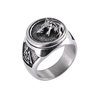 China Viking New Design Punk Stainless Steel Rings Mens Vintage Norse Viking Wolf Head Ring for sale