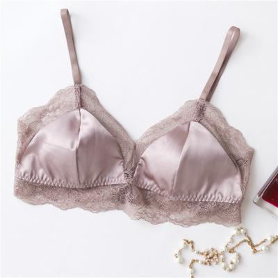 China Anti-Bacterial French Triangle Thin Pure Silk Satin Bralet Sexy Lace Bra for sale