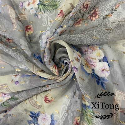 China 2022 fashion sheer custom print fabric designer flower printing jacquard fabrics JACQUARD material metallic chiffon fabric for fabric for sale