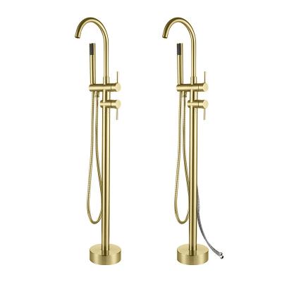 China Without Sliding Bar Brushed Gold Bathtub Mixer Tap Freehand Held Shower Head Set Bathtub Floor Mounted Shower for sale