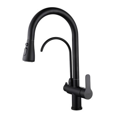 China Contemporary Modern Stainless Steel Black Pull Down Double Handle 3 in 1 Filter Sink Kitchen Sink Faucet with Water Filter for sale