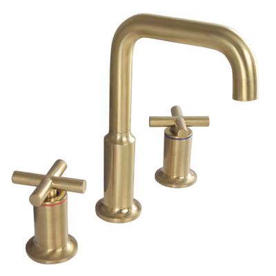 China New 2021 Brass Metered Faucets Design Hot Brushed Cold Mixed Three Hole Two Handle Bath Basin Faucet for sale