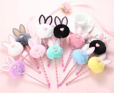 China office & School Pen Cheap Pom Pom Ballpoint Pen Cute Kawaii Fluffy Ball Pens Funny Rabbit Plastic Pen For Girls for sale