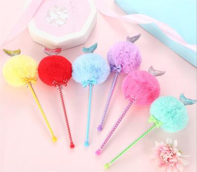 China office & Cute pom pom pom hairy pen plastic fur pen school pen with mermaid tail head ballpoint pen for sale