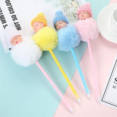 China office & Girly Cute Pen Fluffy School Ballpoint Gel Pen Baby Sleep Pompom Pens for sale