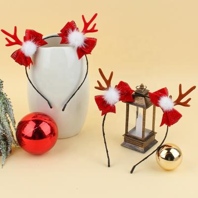 China Hot Selling Adult Chirstmas Decor Christmas Elk Bow Plush Headwear Party Antlers Headband for sale