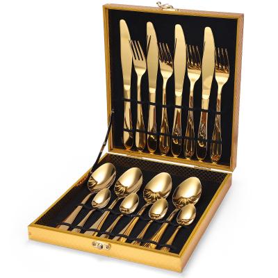 China Amazon Success 16 PCS Restaurant Flatware Gold Stainless Steel Spoon Fork Kitchen Disposable Cutlery Set With Wooden Box for sale