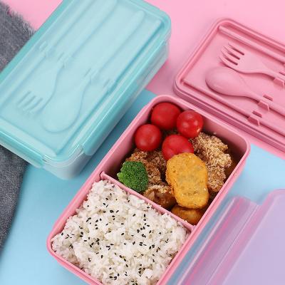 China Freshness Preservation Microwave Safe Bento Box Food Container Divided Rectangle Two Grids Wheat Straw Lunch Box With Stainless Steel Or PP Tableware for sale