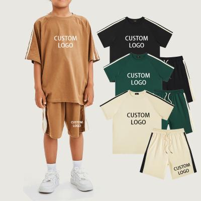 China Hip Hop Summer Kid Tracksuit Manufacturer Striped Tee Oversized T-Shirts Cargo Sweated Gym Short Kid Set 2 Piece Cotton Shorts Streetwear for sale