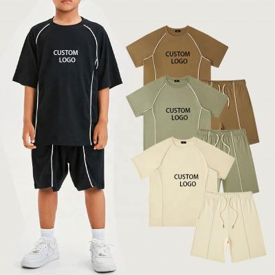 China Hip Hop Kids Streetwear Boys 2 Piece Set 100%Cotton Tee Shirt Oversized Track Shorts Test Piping Sports Sets Kids Custom Short Summer for sale