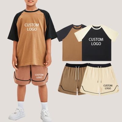 China Sports Summer Boys T-shirt and Shorts Set Oversized Tee Patchwork Jogger Shorts Gym Custom 2 Piece Tracksuit Set Kids Summer for sale