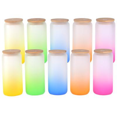 China Viable USA Warehouse Wholesale 16Oz 20Oz 25Oz Gradient Frosted Color Sublimation Glass Tumbler With Bamboo Lid And Straw for sale