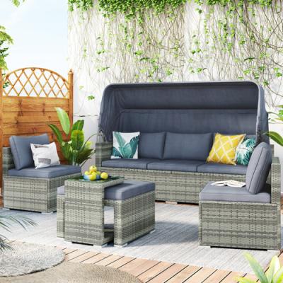 China Free Shipping Dropshipping Modern 5 Piece Rattan Patio Sofa Set Rattan Daybed Outdoor Sectional Furniture Set Conversation for sale