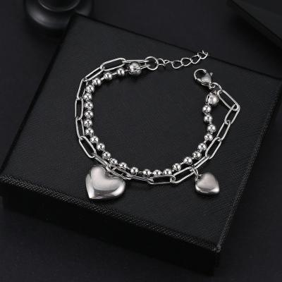 China Titanium Stainless Steel Minimalist Silver Charm Double Layer Vintage Paperclip Heart Inspired Link Chain Bracelet For Women Men for sale