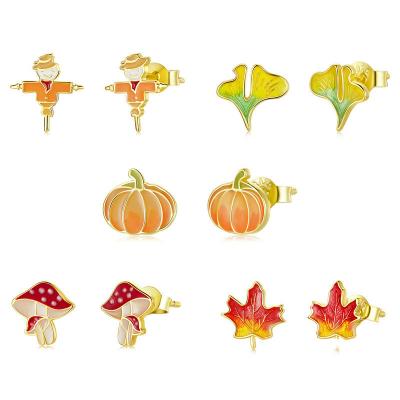 China Real Gold Plated Pumpkin Scarecrow 925 Sterling Silver Stud Earring Minimalist Wholesale TRENDY Maple Leaf Earring For Women Jewelry for sale