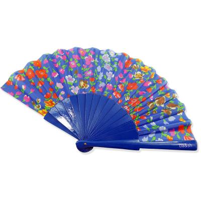 China Europe Customize Vintage Folding Spanish Fan Blue Wood Fabric Handle Fan for sale