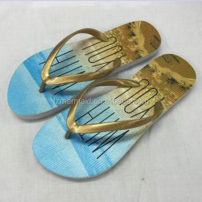 China 2019 Beach Wholesale Customize Digital Printing Film Covered PVC To Strap White Soft Women Flip Flops for sale