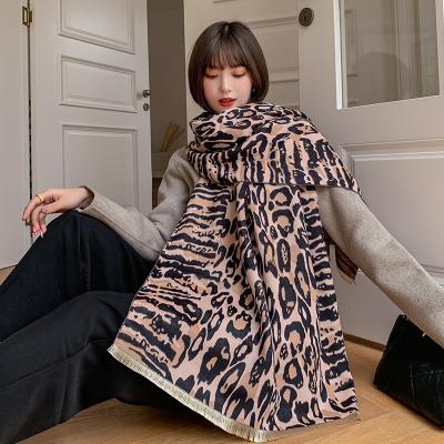 China European American autumn and winter leopard pattern cashmere wild animal warm scarf long scarf large dual-use shawl for sale