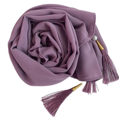 China European American Women Beads Head Scarf Tassel Wrap Solid Snap Bubble Shawls Foulard Plain Chiffon Muslim Hijab for sale