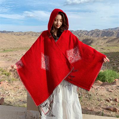 China Red Photo European American Sunscreen Travel Ethnic Knit Tassel Cashmere Scarf Coat Hooded Shawl for sale