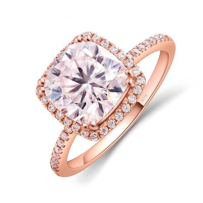 China CLASSIC Custom Solid 18K Rose Gold 7.5mm Cushion Cut D Color Moissanite Lab Diamond Engagement Women Halo Ring with GRA Certificate for sale