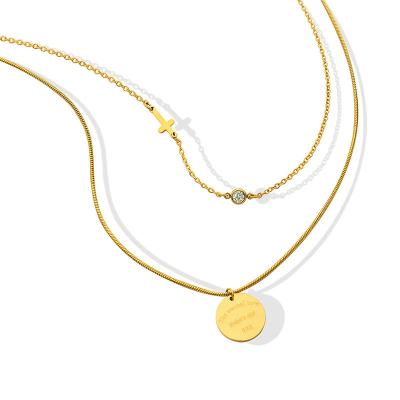 China Fashion TRENDY Gold Plated Clavicle Cross Pendant Cross Coin Circle Double-Layer Bone Snake Cubic Zircon Stainless Steel Choker Necklace for sale