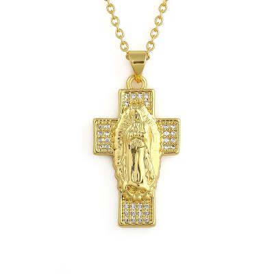 China FASHIONABLE Personalized Retro Faith In Religion Jewelry 18K Gold Plated CZ Zircon Christian Virgin Mary Cross Pendant Necklace for sale