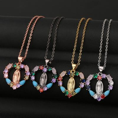 China FASHIONABLE Wholesale Religious Jewelry 18K Gold Plated Catholic Virgin Mary Heart Pendant Necklace Colorful CZ Zircon for sale